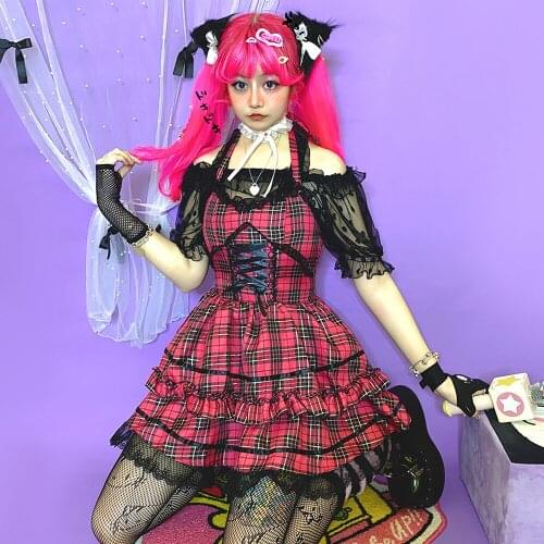 Summer Japanese Lace Dress Harajuku Hot Girl Plaid High Waist Sweet Vest Cupcake Dresses Kawaii Sleeveless Fashion Cute Sling