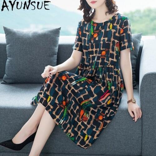 AYUNSUE 2021 Summer Silk Dress Women Elegant Beach Midi Dresses for Women Casual Party Plus Size Dress Floral Vestidos KJ6562