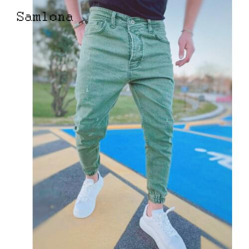Samlona 2021 European and American style Mens Fashion Sexy Jeans Casual skinny Straight Light blue Biker Hip Hop Denim pants