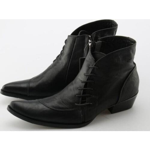 Deification Genuine Leather Cowboy Boots Winter Black Lace Up Work Shoes Med Heel Military Boots Classic Ankle Boots Plus Size