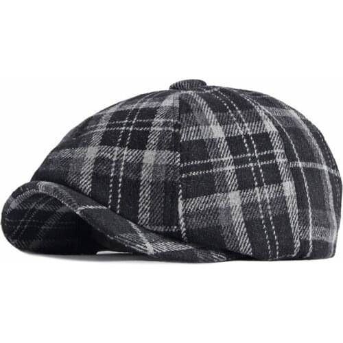 Autumn Winter Newsboy Caps Men Wool Felt Octagonal Hat Women Black Purple Flat Cap British Style Plaid Beret Painter Hat boina