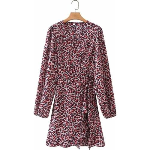 Autumn long sleeve wrap dress women v neck with belt a line sexy animal print mini dress vintage mini wrap dress vestidos mujer