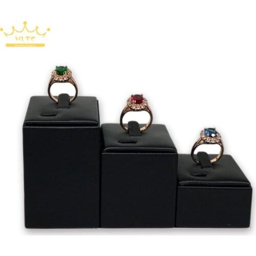 Wholesales PU Leatherette Ring Jewelry Diplay Stand 3Pcs/Lot Different High Wooden Ring Storage Organizer Holder Tower Stand