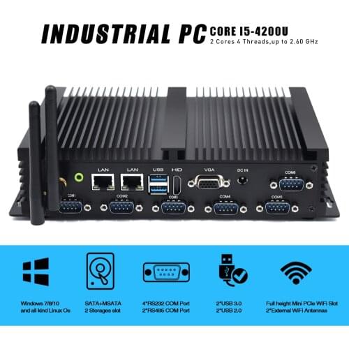 Cheapest fanless mini pc K4 Core i5 4200U industiral mini pc 2*ddr3 16GB 2LAN 1HD 1VGA 6 RS232 COM wifi bluetooth