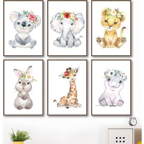 Elephant Tiger Koala Giraffe Hippo Rabbit Baby Wall Art Canvas Painting Nordic Posters And Prints Wall Pictures Kids Room Decor