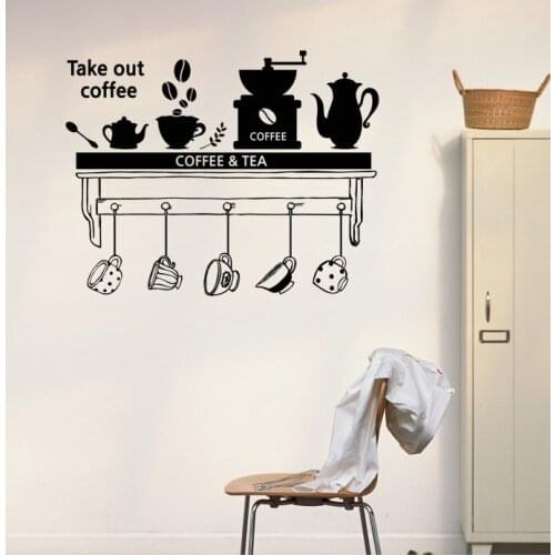 Take Out Coffee Quote Wall Decal Coffee Tools Wall Art Sticker Home Kitchen Decor Coffe Cups Shelf Vinyl Wall Art Decals