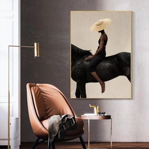 Woman Riding A Horse with A Hat Wall Art Canvas Painting Nordic Posters and Prints Wall Pictures for Living Bedroom Decoration