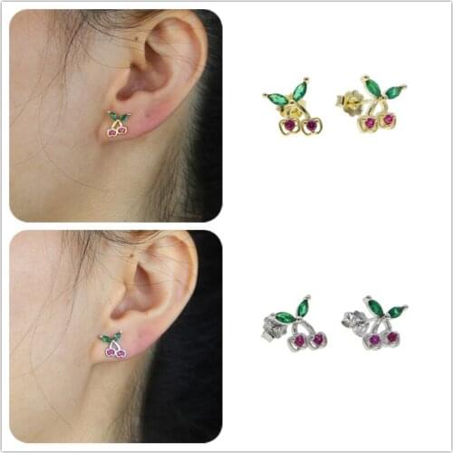 2021 Fashion Cool Summer Cute 925 Sterling Silver 2 Colors Cherry Shape Stud Earrings Dainty Jewelry For Women Wedding Gift