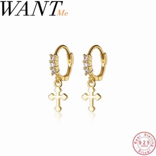WANTME Real 925 Sterling Silver Round Crystal Zircon Hanging Cross Stud Earrings for Women Punk Ethnic Party Jewelry Gift 2020
