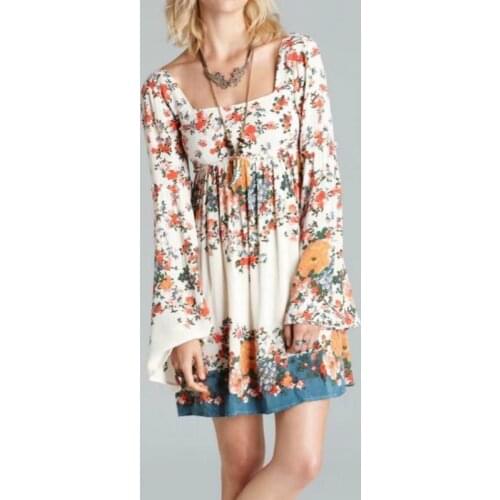 Happie Queens women floral print short sleeve ruffles beach Bohemian mini dresses Ladies loose square collar boho dress