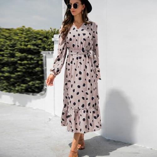 Womans Chiffon Long Beach Dress Elegant Leopard Dress Loose Long Sleeve Deep V-neck A-line Sexy Party Dress Vestidos De Fiesta