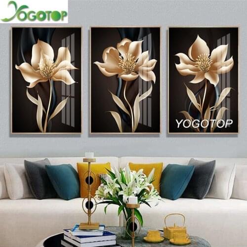 Abstract Black Golden Flowers Art Diy Diamond Painting Diamond Embroidery Full Drill mosaic puzzles Home Decor 3 Pieces ML1348