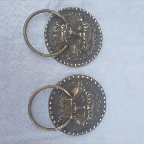 Home door decoration accessories,Collection 1 Pair Chinese Old Bronze lion Door bell,Antique style Metal Knocker
