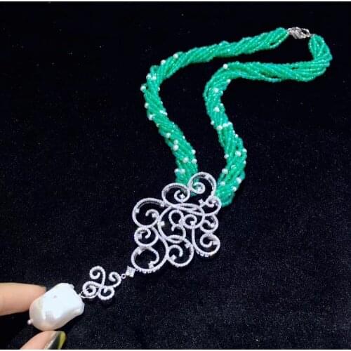 Baroque natural fresh water pearl pendant necklace green stone multi layers twist 925 sterling silver cubic zircon 19 inches
