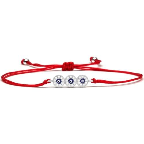 White Cubic Zirconia Crystal Three Blue Turkey Evil Eye Charm Bracelet Women Girl CZ Round Eye Red String Handmade Jewelry Gift