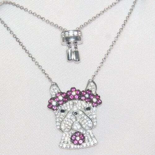 SLJELY Designer Solid 925 Sterling Silver Paved Flowers Doggy Pendant Necklace Adjustable Chain Fashion Jewelry Gift for Women