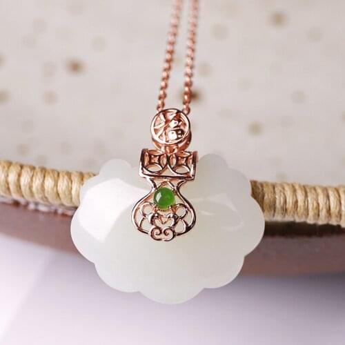 Designer Hetian jade pendant womens silver inlaid Jasper rose gold Ruyi safety long life lock jade pendant