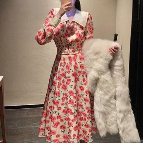 Elegant Floral Dress Women Long Sleeve Flower Vintage Dress Female Peter Pan Collar Slim One Piece Dress Korean 2021 Spring Chic