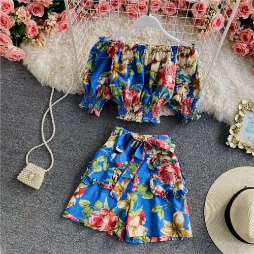 Retro Puff Sleeve Off-Shoulder Short Chiffon Shirt 2 Piec Fashion High Waist Wide Leg Shorts Women Summer Crop Top Outfits zh846