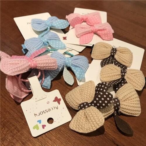 2pcs Bowknot Hair Clip Dot bow tie Hairband Solid Color Cotton Fabric Baby Hair Accessories Girl Ponytail Elastic Rubber Trinket