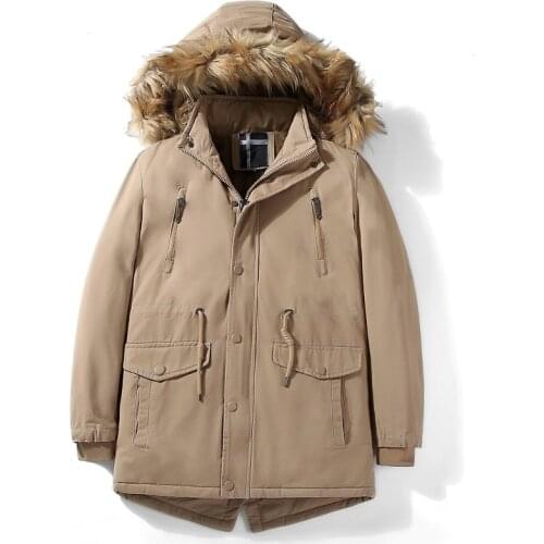 Winter Cotton Padded Jackets Men Big Fur Hooded Warm Wadded Fleece Overcoat Fashion Male Slim Drawstring Waist Outerwear AU-145