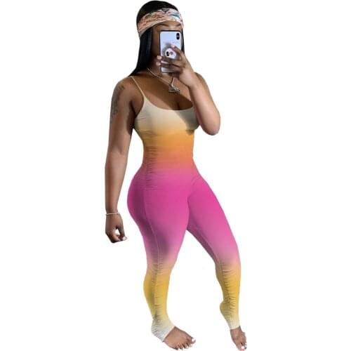 Gradient Stacked Leggings Jumpsuit Street Rompers Draped Strap Gradient Print Sexy Night Club Party Bandage One Piece Outfits