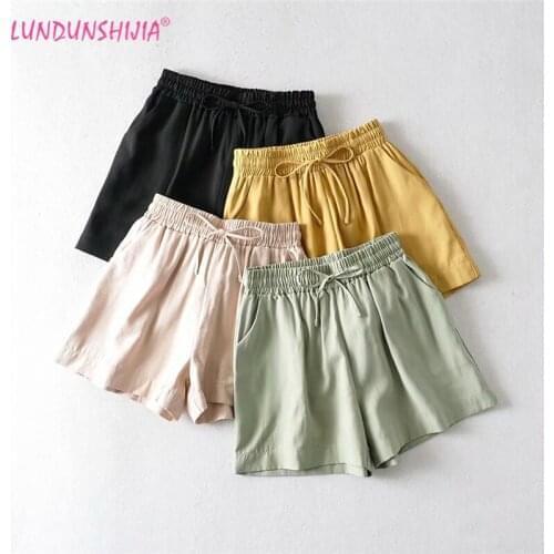 LUNDUNSHIJIA 4 Colors Cotton Qood Quality Shorts 2020 Summer Casual Elastic Waist All-Match Shorts For Women