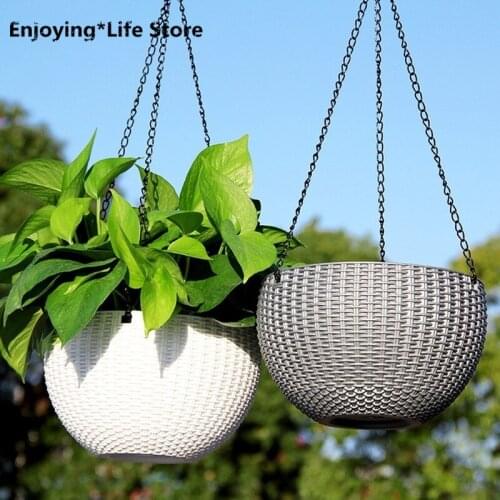 1 PC Rattan Wall Hanging Imitation Rattan Green Flower Pot Wall Hanging Planter Basket Self Watering Wall Mount Planter Decor