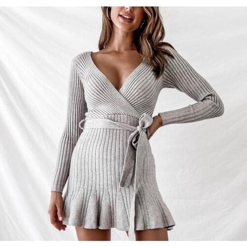 New Sexy Vneck Knitted Lotus Leaf Dress for Women Winter Fall Long Sleeve Party Day Dress with Waist Tie Ladies Rib Knit Sweater