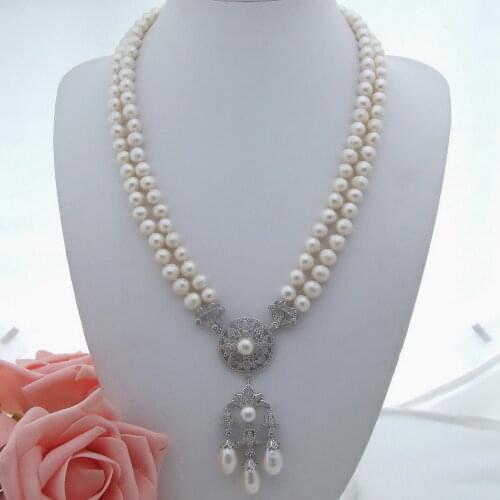 Hand knotted 2strands 7-8mm white freshwater pearl necklace micro inlay zircon accessories pearl pendant long 58-61 cm