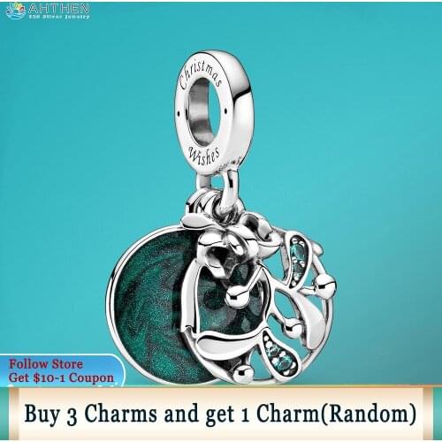 Ahthen 925 Sterling Silver Beads Christmas Mistletoe Dangle Charms fit Original Pandora Bracelets Women Jewelry Making Gift