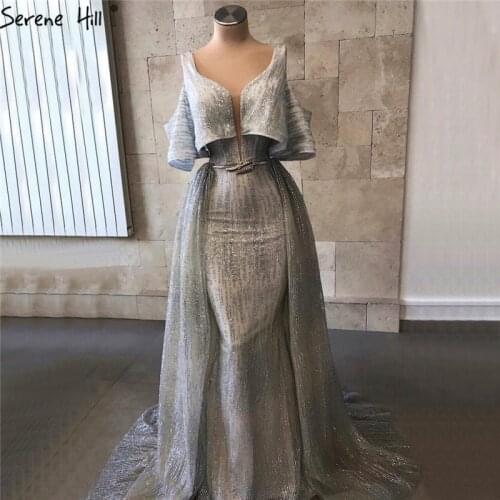 Grey Dubai Half Sleeves Sexy Evening Dresses Mermaid Glitter Luxury Vintage Evening Gowns 2020 Real Photo LA6589