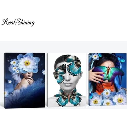 Triptych,5D DIY Diamond Painting Butterfly Girl Flowers 3D Full Square Round Diamond Embroidery Cross Stitch Home Decor FS6917