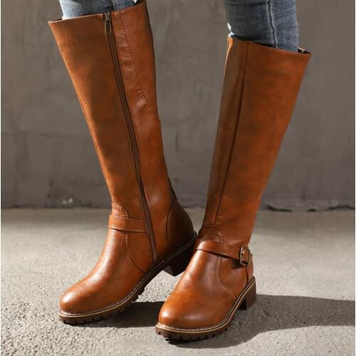 Women Mid-calf Boots Fashion Metal Buckle Boots Womens Leather Footwear Woman Zip Shoes Ladies Round Toe Wedges Big Size