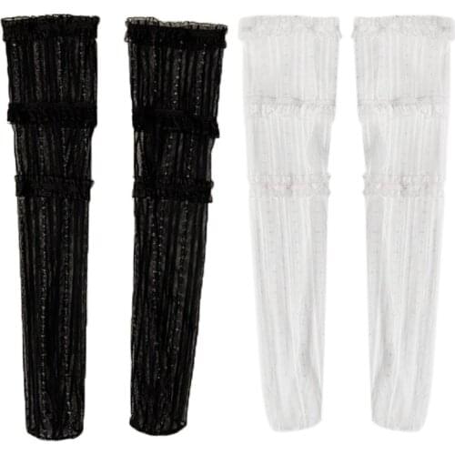 Women Summer Thin Silky Knee High Socks Japanese Lolita 3 Tiered Ruffles Lace Glitter Striped Harajuku Mesh Stockings