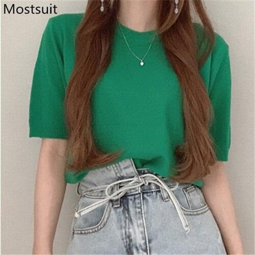 Korean Knitted Pullover Sweater Women Summer Short Sleeve O-neck Solid Fashion Knitwear Tops Elegant Female Jumpers Femme 2021