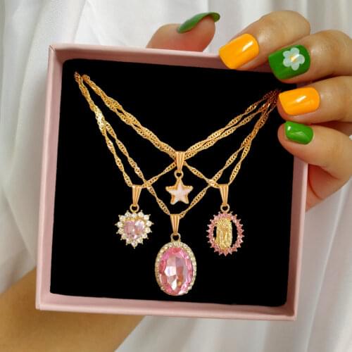 Flatfoosie Multi-layer Pink Heart Crystal Pendant Necklaces For Women Fashion Cute Star Portrait Twisted Chain Necklace Jewelry