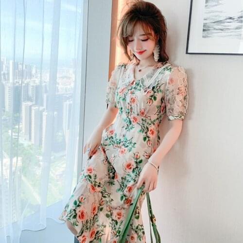 Awarose Ladies High Waist Ruffle Short Sleeve Vintage Flower Print Button Knee Length Dress Women Summer Fashion Slim Bodycon