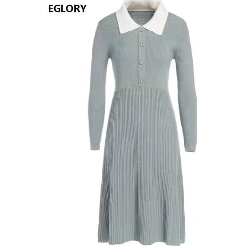 New 2021 Spring Autumn Knitted Dress High Quality Women White Turn-down Collar Buttons Up Long Sleeve Casual Grey Sweater Dress