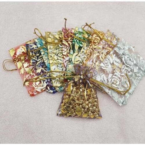 100pcs/lot Bronzing Roses Organza Drawstring Bags Jewelry Gift packing Bags 7x9 9x12 11x16 13x18 cm Wedding Packaging Bags