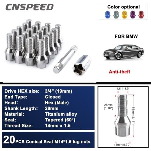 20pcs/set Titanium Alloy Wheel Lock Bolts M14 x 1.5mm Locking Security Lug Bolts For Audi Benz Volkswagen BMW