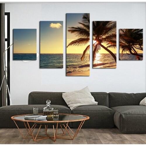 5 Pieces Sunset Beach Coconut Tree Seascape Painting Wall Art Pictures Home Decor Canvas HD Prints Poster Living Room Decoration