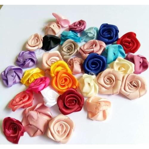 30pcs/lot Mix Handmade 30mm Satin Rose Ribbon Rosettes Flower DIY Wedding Decor Appliques Craft Girls Hair Accessories