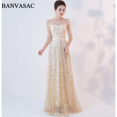 BANVASAC Sequined O Neck Bow Sash A Line Long Evening Dresses Party Half Sleeve Illusion Zipper Backless Prom Gowns