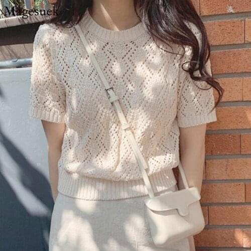 New O Neck Summer Women Blouse Tops Hollow Out Knitted Shirts For Women Short Sleeve Korean Style Thin Casual Blouses Tops 8788