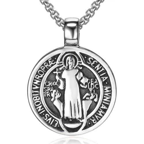 CFBulongs Benedict CSPB Double-sided Mens Pendant Necklace Stainless Steel Evil Cross Medal Antique Silver Color Men Jewelry