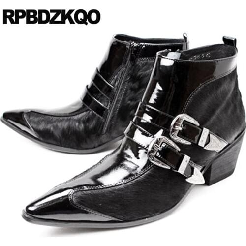 Black Fur Ankle High Heel Rock Pointed Toe Real Quality Formal Men Shoes Mens Zipper Dress Boots Plus Size Metalic Chunky Punk