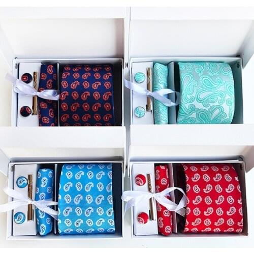8cm Designer Men Formal Ties Set Unique Paisley Necktie Sets Pocket Square with Cufflink Tie Clip Gift Box