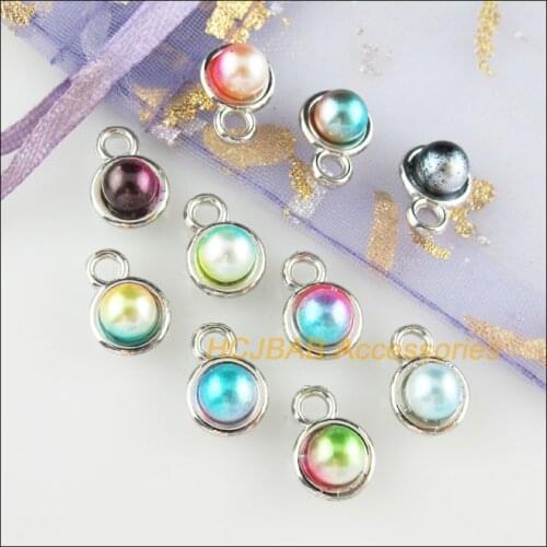 40Pcs Dull Silver Plated Round Smooth Colored Acrylic Charms Pendants 8.5x12mm