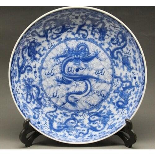 8" Chinese Blue and White Porcelain Painted Dragon Plate W Qianlong Mark